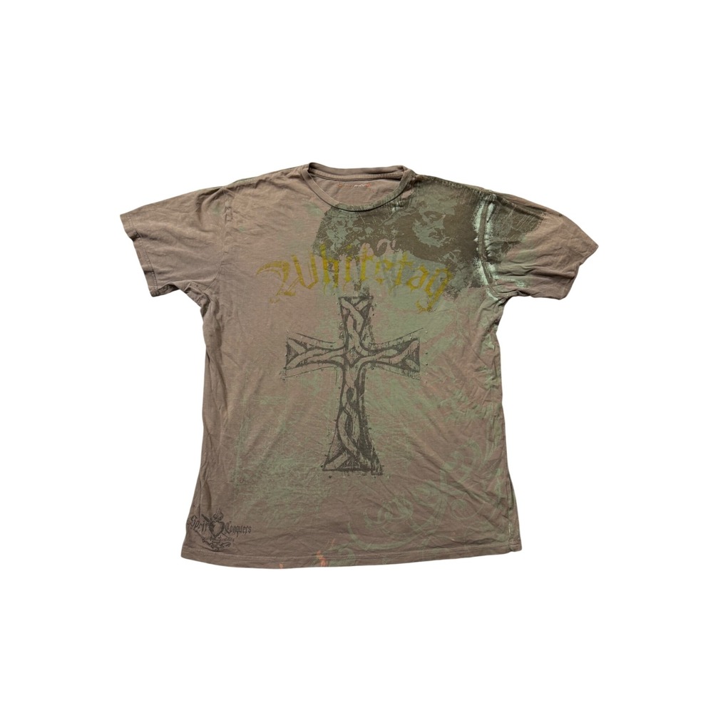 Whitetag Graphic Cross T-Shirt Medium Distressed Y2K Affliction Style Grunge